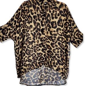 KATE HEWKO Leopard Button Front Blouse Women One Size Mob Wife Dolman Sleeve
